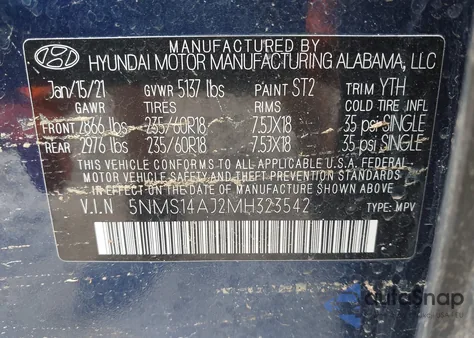 2021 Hyundai Santa Fe Se z USA, uszkodzony, nr VIN 5NMS14AJ2MH323542